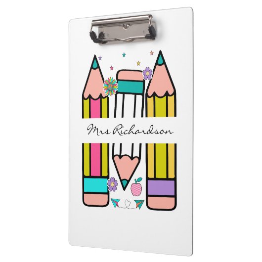 Kleurrijke leraar naam potlood cartoon klembord (Links)