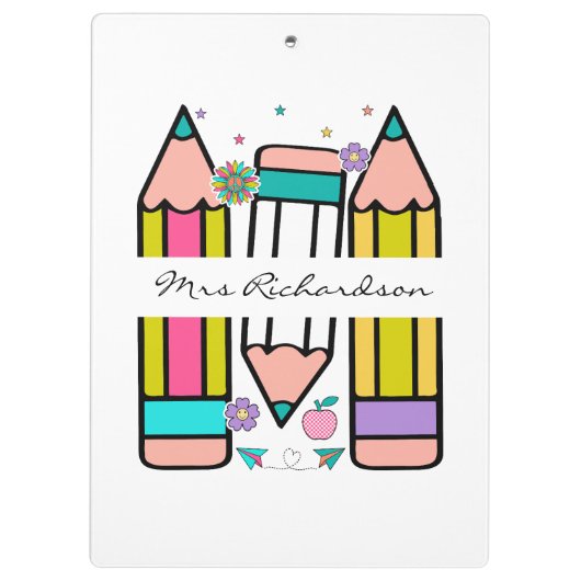 Kleurrijke leraar naam potlood cartoon klembord (Achterkant)