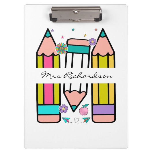 Kleurrijke leraar naam potlood cartoon klembord (Voorkant)