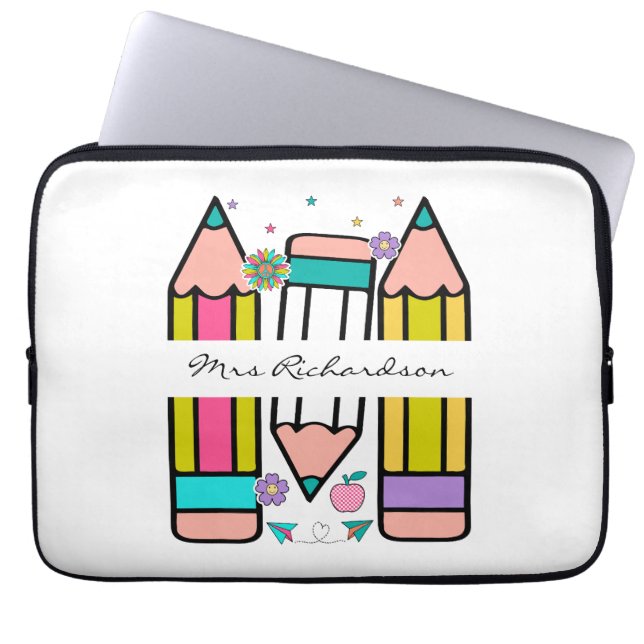 Kleurrijke leraar naam potlood cartoon laptop sleeve (Voorkant)