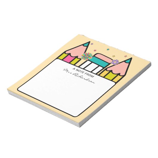 Kleurrijke leraar naam potlood cartoon notitieblok (Linkerzijde)