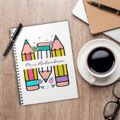 Kleurrijke leraar naam potlood cartoon notitieboek