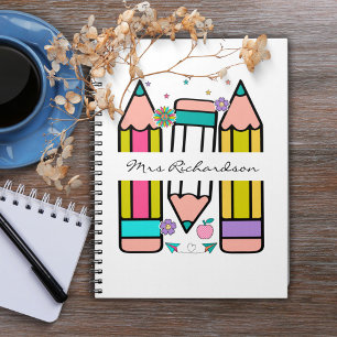 Kleurrijke leraar naam potlood cartoon notitieboek