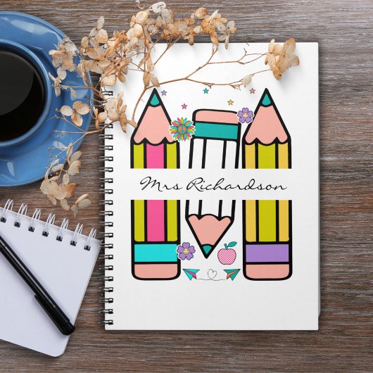 Kleurrijke leraar naam potlood cartoon notitieboek
