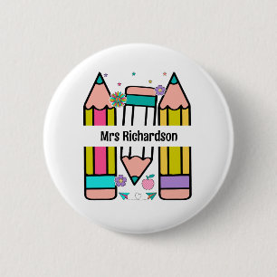 Kleurrijke leraar naam potlood cartoon  ronde button 5,7 cm