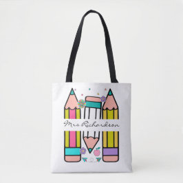 Kleurrijke leraar naam potlood cartoon tote bag