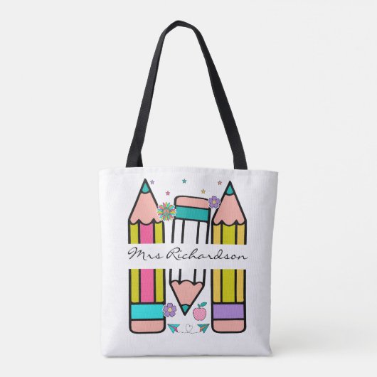 Kleurrijke leraar naam potlood cartoon tote bag (Achterkant)