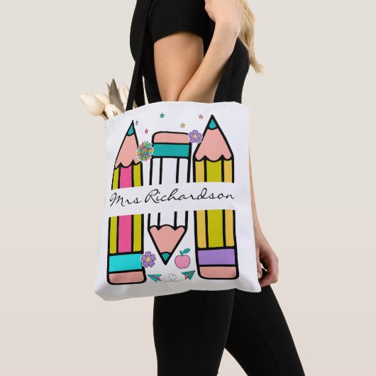 Kleurrijke leraar naam potlood cartoon tote bag (Dichtbij)