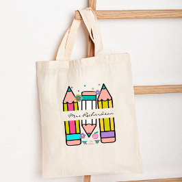 Kleurrijke leraar naam potlood cartoon tote bag