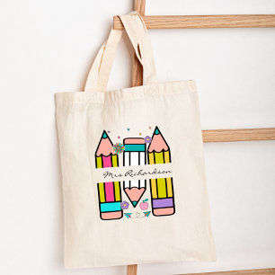 Kleurrijke leraar naam potlood cartoon  tote bag