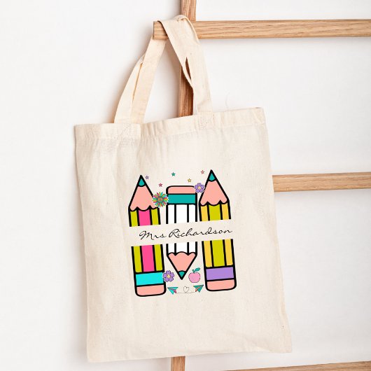 Kleurrijke leraar naam potlood cartoon tote bag