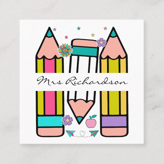 Kleurrijke leraar naam potlood cartoon vierkante visitekaartje (Voorkant)