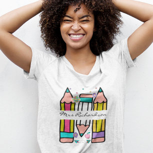 Kleurrijke leraren naam potlood cartoon t-shirt