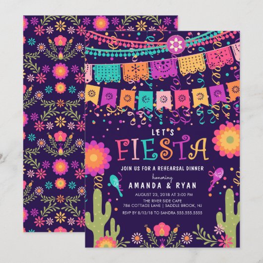 Kleurrijke Let's Fiesta repetitie Diner Uitnodigin Kaart (Voorkant / Achterkant)