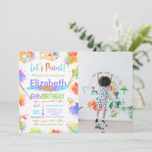 Kleurrijke Let's Paint Art Verjaardagsfeestfoto Kaart (Staand voorkant)