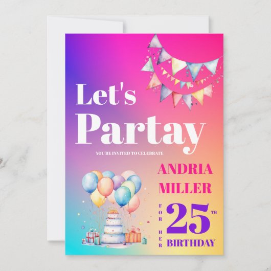 Kleurrijke Let's Party Verjaardag Kaart (Voorkant)