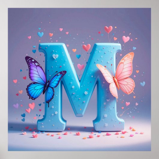 Kleurrijke letter M met vlinders Poster (Voorkant)
