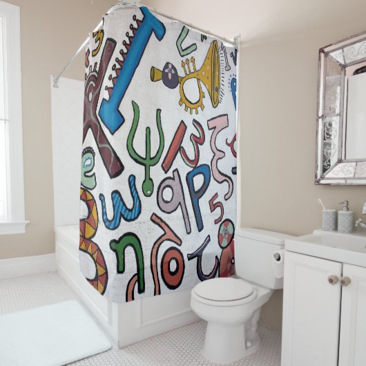 Kleurrijke letters en cijfers douchegordijn (In situ)