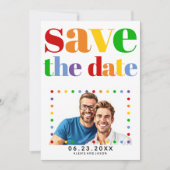 Kleurrijke letters, stippen en strepen homofoto save the date (Voorkant)