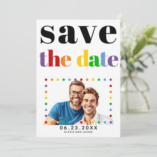 Kleurrijke letters, stippen en strepen zwart gay f save the date (Staand voorkant)