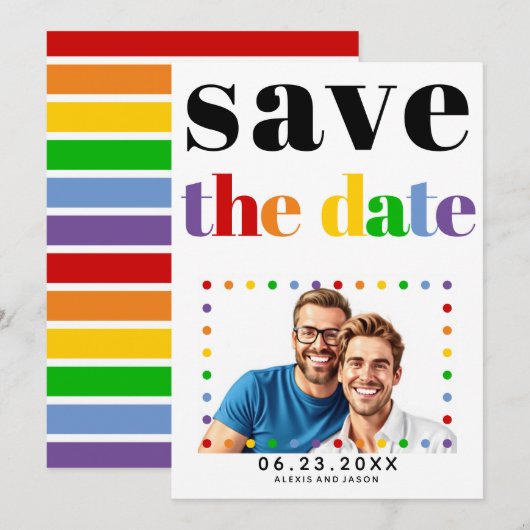 Kleurrijke letters, stippen en strepen zwart gay f save the date (Voorkant / Achterkant)