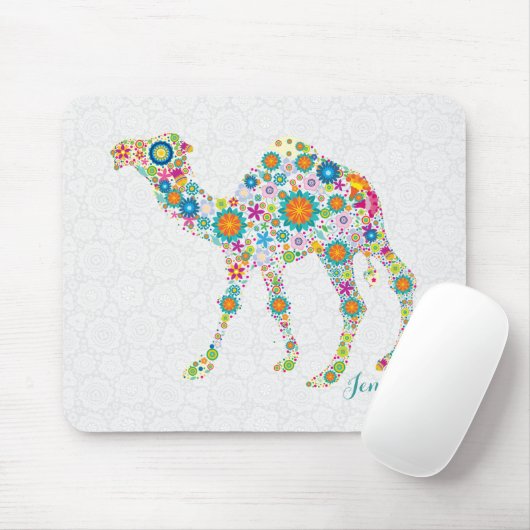 Kleurrijke Leuke Bloemenkameel & Witte Damaskers Muismat (Met muis)