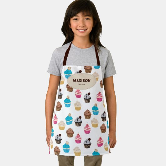 Kleurrijke Leuke Cupcakes Patroon Monogram Schort (Insitu)