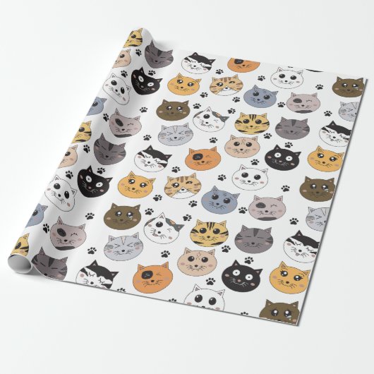 Kleurrijke Leuke Grappige Katten & Paw Patroon Cadeaupapier (Uitgerold)