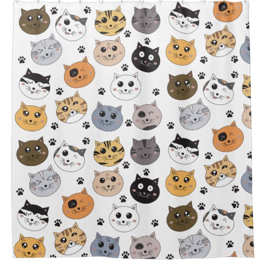 Kleurrijke Leuke Grappige Katten & Paw Patroon Douchegordijn (Voorkant)