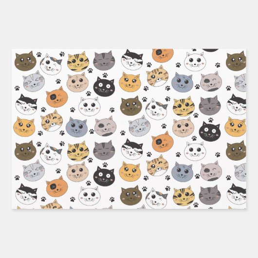 Kleurrijke Leuke Grappige Katten & Paw Patroon Inpakpapier Vel (Voorkant)