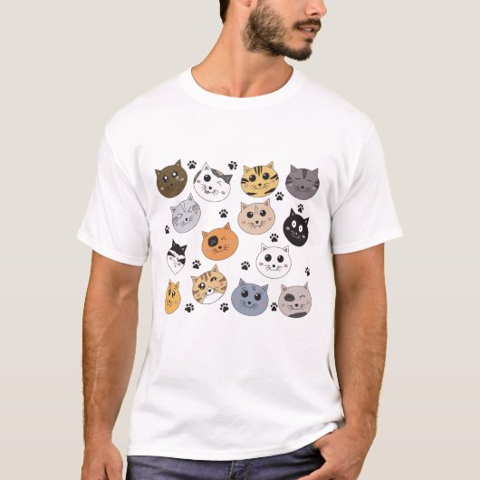 Kleurrijke Leuke Grappige Katten & Paw Patroon T-shirt (Voorkant)
