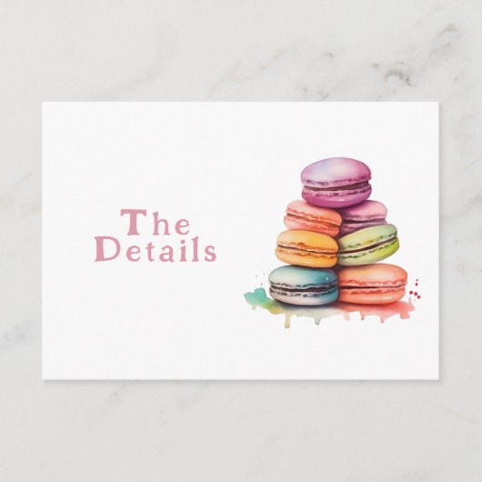 Kleurrijke leuke macarons bruiloft Details Informatiekaartje (Voorkant)