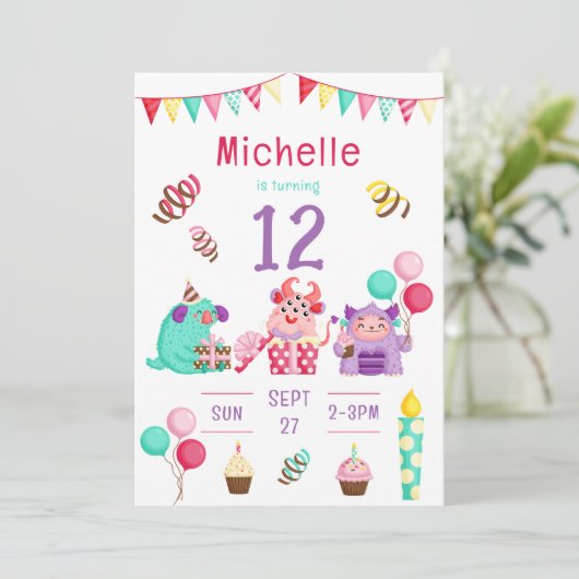 Kleurrijke Leuke Monster Verjaardag uitnodiging (Staand voorkant)