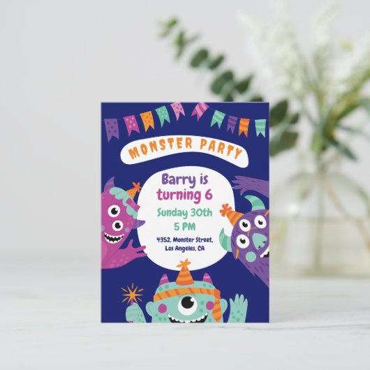 Kleurrijke Leuke Monsters Verjaardagsuitnodiging K Briefkaart (Staand voorkant)