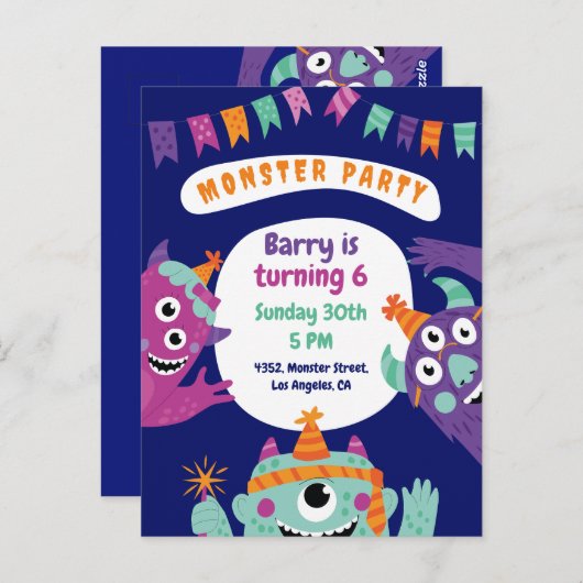 Kleurrijke Leuke Monsters Verjaardagsuitnodiging K Briefkaart (Voorkant / Achterkant)