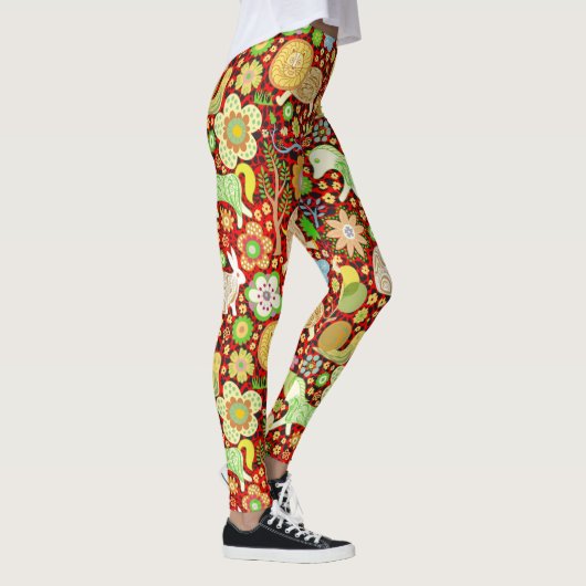 Kleurrijke Leuke Retro Bloemen & Dieren Patroon Leggings (Rechts)