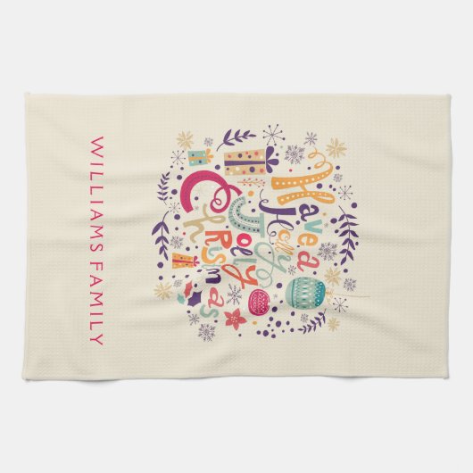 Kleurrijke Leuke Retro Holly Jolly Kerstmis Theedoek (Horizontaal)