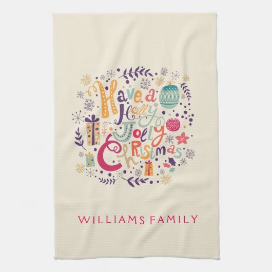 Kleurrijke Leuke Retro Holly Jolly Kerstmis Theedoek (Verticaal)