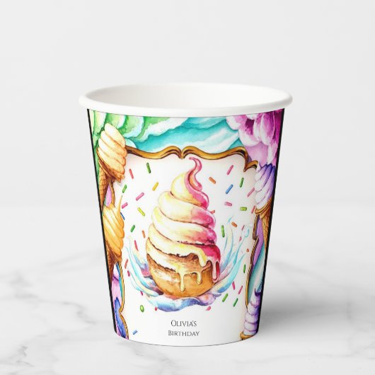 Kleurrijke Leuke Schep Ijs Verjaardag Papieren Bekers (Voorkant)