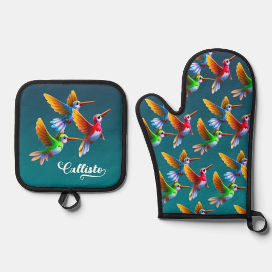 Kleurrijke levende vogels in de vlucht ovenwant & pannenlap set (Voorkant)