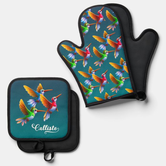 Kleurrijke levende vogels in de vlucht ovenwant & pannenlap set (Voorkant / Achterkant)