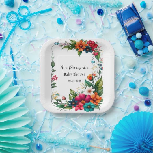 Kleurrijke levendige bloemen Baby in bloesemdouche Papieren Bordje (Feest)
