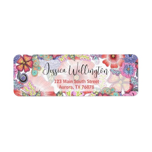 Kleurrijke levendige bloemen en bladeren retouradr etiket (Voorkant)