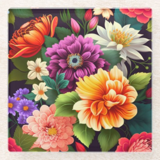Kleurrijke levendige bloemen glazen onderzetter (Voorkant)