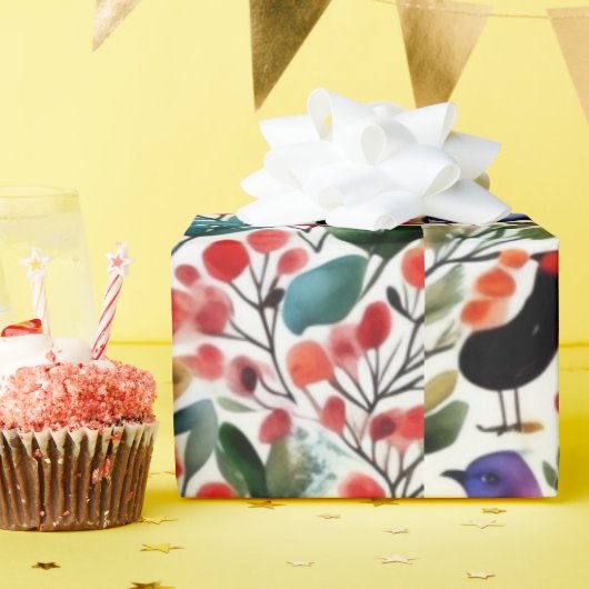 Kleurrijke levendige bloemen schattige vogels Wrap Cadeaupapier (Verjaardagsfeest)