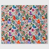 Kleurrijke levendige bloemen schattige vogels Wrap Cadeaupapier (Vlak)
