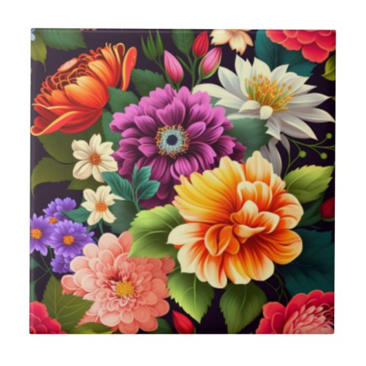 Kleurrijke levendige bloemen tegeltje (Voorkant)