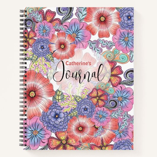 Kleurrijke levendige handgetekende bloemen en blad notitieboek (Voorkant)