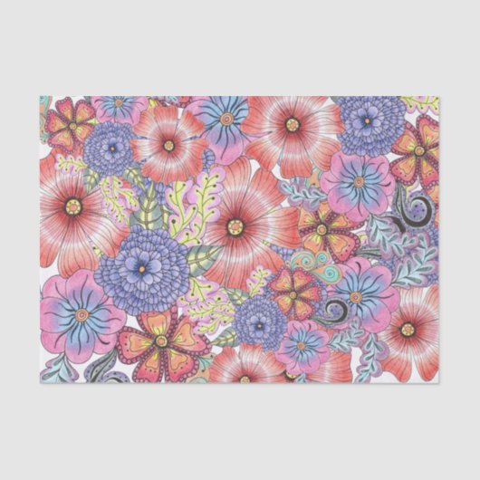 Kleurrijke levendige handgetekende bloemen en blad tissuepapier (Voorkant)