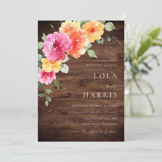 Kleurrijke Levendige Lente Bloemen Rustieke Hout W Kaart (Staand voorkant)